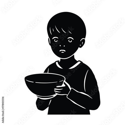 hungry child holding empty bowl in famine on white background
