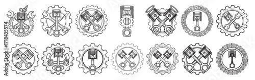 Monochrome automotive logo templates with crossed pistons and gears. A set of industrial-style icons for mechanic and engineering concepts