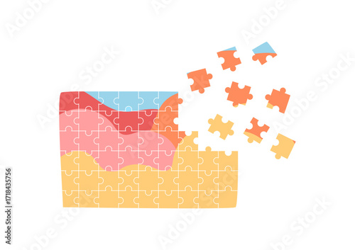 Flat jigsaw puzzle board game with colorful pieces. Fun table activity and hobby for children and kids. Interactive boardgame toy for playful entertainment skill development at home.