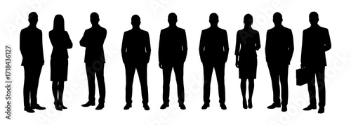 Group of diverse business professionals standing in a line, showcasing teamwork and corporate identity in a modern setting