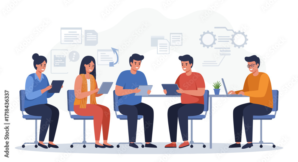 Obraz premium Business team collaborating sharing ideas on tablets around a table in a modern office illustrating teamwork communication corporate development.