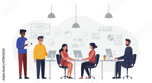 business team collaborating in a modern office analyzing data and reports creating a productive and innovative work environment teamwork focused