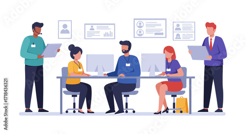 Business team collaborating in an open-plan office reviewing documents  computer data enhancing teamwork and corporate synergy perfect for business strategy.