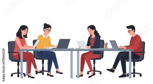 Business team collaborating on projects using laptops and analyzing documents in a modern office symbolizing teamwork and corporate strategy