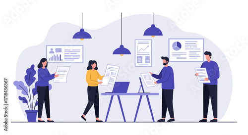 Business team reviewing documents in a modern office collaborating on project analysis enhancing teamwork and corporate strategy suitable for business presentations.