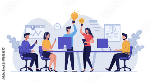 Call center team having bright ideas holding light bulbs in a modern office illustrating teamwork and innovation for customer service solutions.