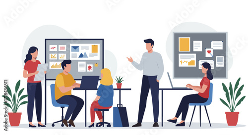 Team meeting in a modern office colleagues collaborating reviewing data brainstorming ideas in a bright open workspace ideal for corporate presentations.