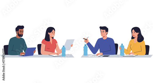 Team in a meeting with laptops and documents discussing business strategy collaborating at a desk for corporate efficiency and project planning indoors
