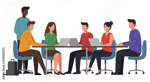 Team working on laptops at conference table developing strategies in office for business presentation  innovative solutions teamwork  growth.