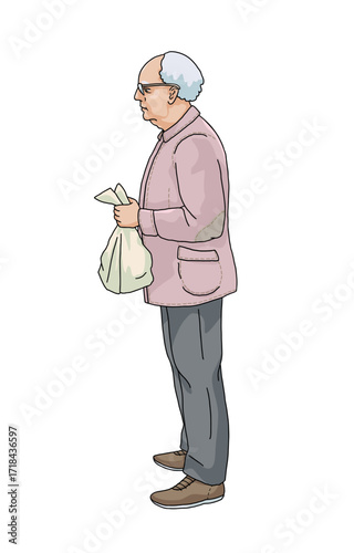 an elderly man with a paper bag in his hands