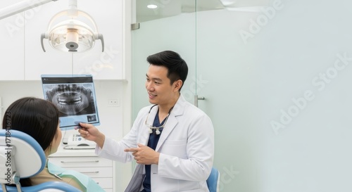 dentist explaining x-ray result to patient in modern dental office. healthcare professional wearing white coat, discussing dental treatment. dental care, medical consultation, clinic interior.