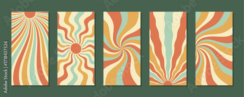Groovy retro sun burst set in flat abstract style. Vertical background with wavy shapes and vibrant color. sun and sunshine elements reflect y2k design, perfect for trendy wallpaper creative