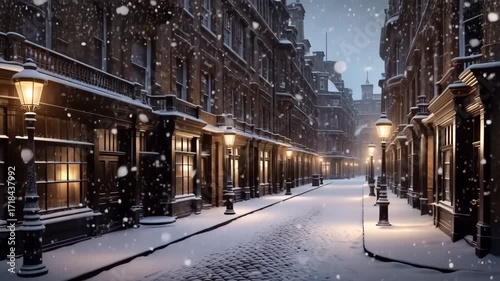 Heavy snowfall blanketing old european city street