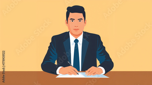 Vector art of man in suit sitting at desk writing on paper