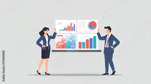 Vector art of business people analyzing financial chart data