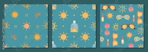 Flat seamless pattern with rounded sunscreen bottle and sun shapes, spf logo and sunglasses. Lotion, spray stick tube set for summer care, perfect product background in cartoon flat style.