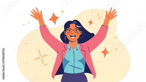 Vector art of excited woman in glasses with arms raised, illustration
