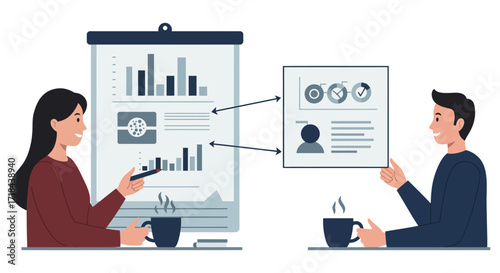 business presentation woman presenting data analysis on a flipchart while a colleague reviews the report demonstrating teamwork and collaboration