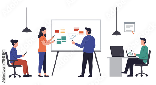 business presentation team analyzing charts on whiteboard in office teamwork collaboration explaining data insights for strategic planning