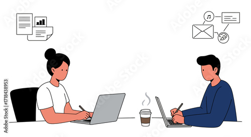 Business professionals working on laptops woman analyzing data man brainstorming ideas ideal for teamwork  productivity concepts.