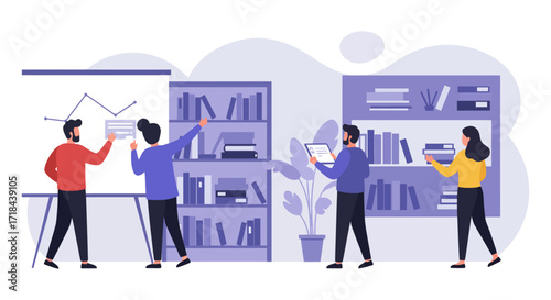 business team planning strategy on a whiteboard  analyzing data on shelves in a modern office illustrating teamwork and project management.