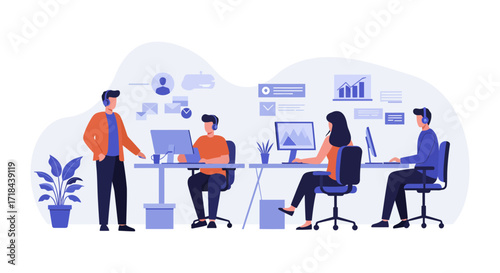 Call center team working with computers providing customer service in a modern office enhancing business communication and professional workplace environment.
