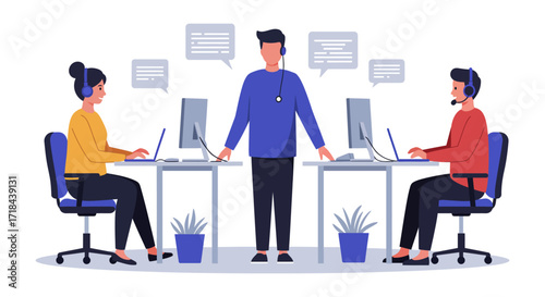 Call center team working with supervisor at desks providing customer support and client assistance perfect for illustrating teamwork and efficient communication.