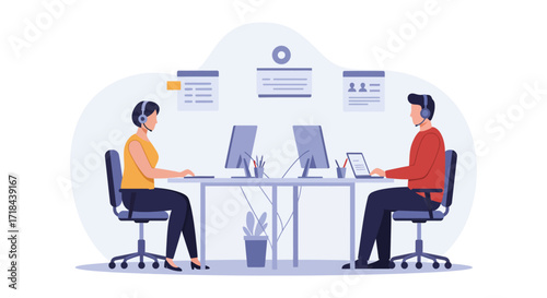 Customer service team working at desks with headsets on providing support and assistance in an office environment ideal for illustrating help desk operations.