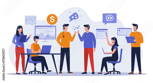 Customer service team collaborating with headsets at modern office brainstorming ideas for better support and business communication solution.