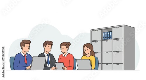 Diverse business team collaborating on a project in a modern office reviewing documents and working on laptops ideal for teamwork and corporate growth