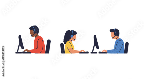 diverse call center agents working at computers customer support help desk and technical assistance in a modern open-plan office