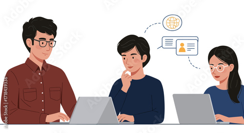 Team collaboration colleagues brainstorm on laptops in modern office global business solutions  online profiles to enhance corporate teamwork