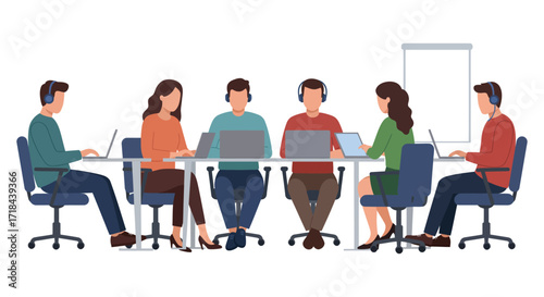 Team in office wearing headsets working on laptops at a long table illustrating collaboration and workplace communication in a modern office.