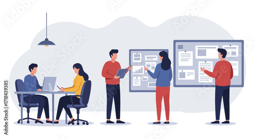 Team project review colleagues collaborating on a business presentation with data charts in an office environment conveying productivity and teamwork.
