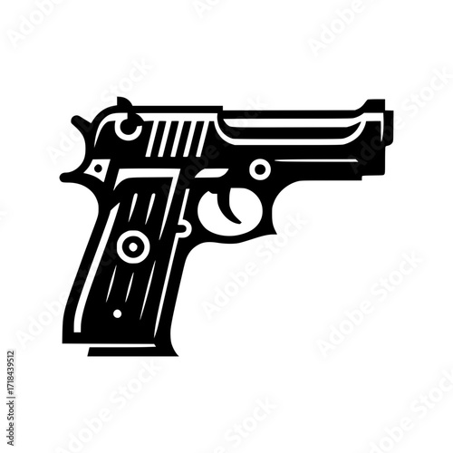 A close-up shot of a black pistol, isolated on a background. The pistol is detailed and looks dangerous