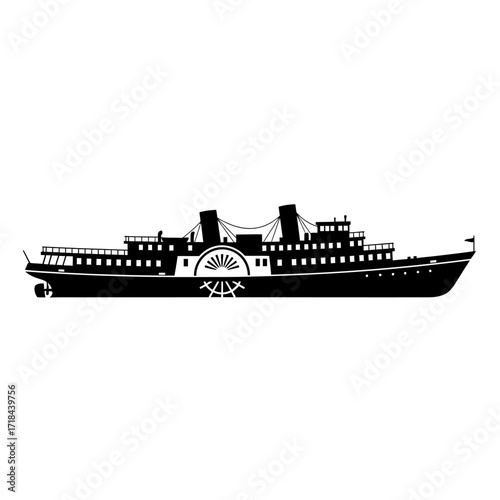Silhouette Paddle Steamer Vector Illustration in Black and White Minimalist Style