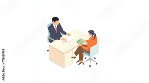 Vector art of man giving money to woman at desk