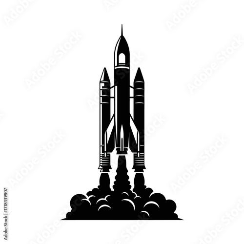 Minimalist Rocket Launch Vector Illustration with Black Silhouette and Smoke Cloud