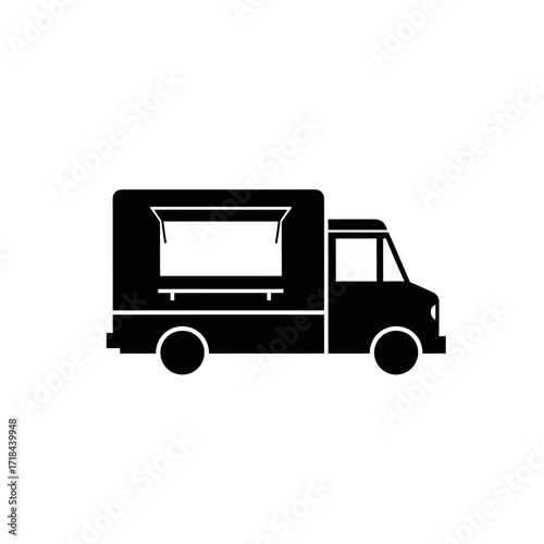 Minimalist Food Truck Vector Icon with Black Silhouette and Simple Geometric Shapes