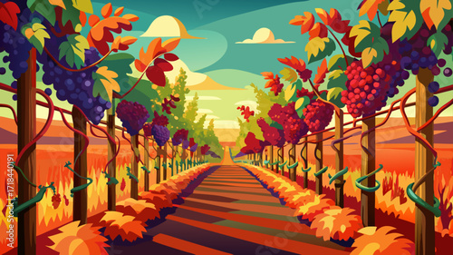 A row of orange and red grape vines with a path in between stretches gracefully across the hillside vineyard, glowing warmly under the autumn sun, inviting tranquil walks and admiration.
