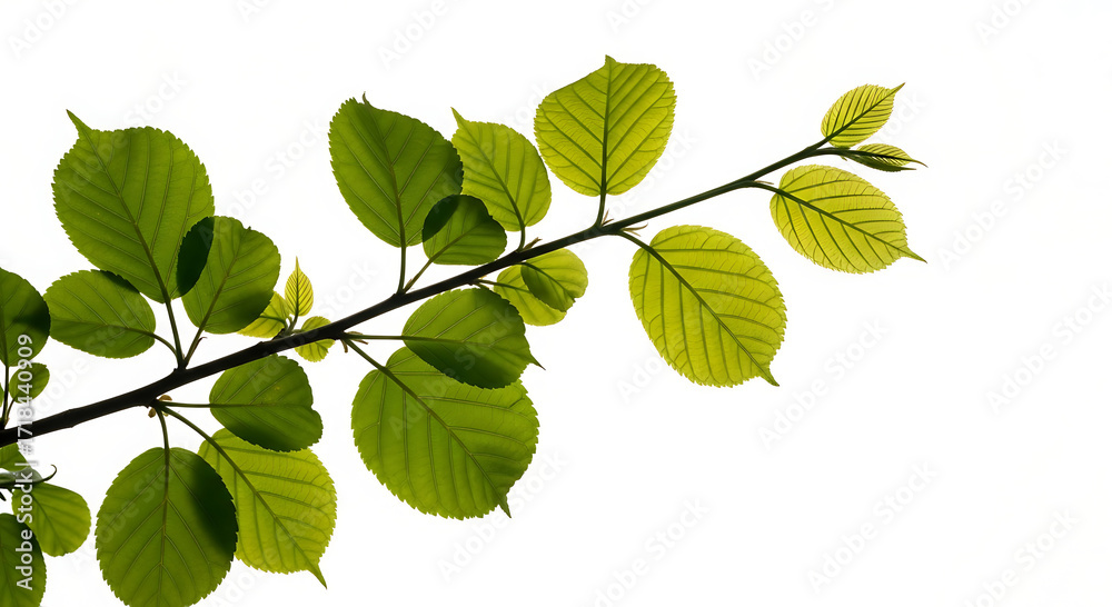 Obraz premium Vibrant green leaves on a dark branch against a white background