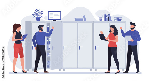 Business team in office accessing files collaborating on project illustrating teamwork productivity and workplace efficiency for company presentations.
