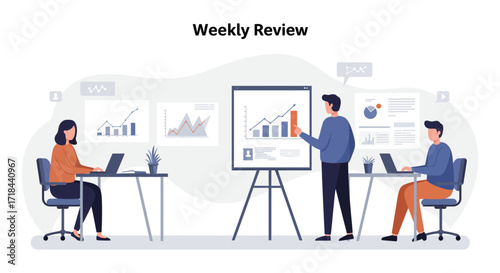 business weekly review team presenting charts and graphs discussing data insights for strategic decision-making in a modern office space.