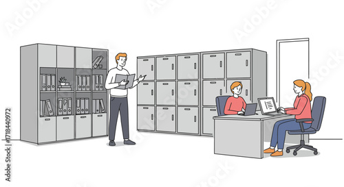 Coworkers working together in office using laptops at desk manager presenting to staff near lockers illustrating business teamwork training