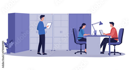 Coworkers collaborating on project in office team using laptops at desk manager with tablet overseeing promoting teamwork productivity and success.