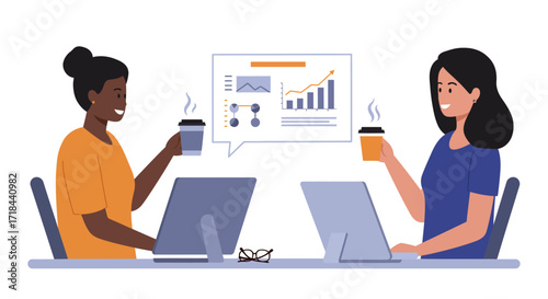 Businesswomen analyzing market data strategizing with coffee at modern office desk displaying growth and corporate teamwork for business presentations