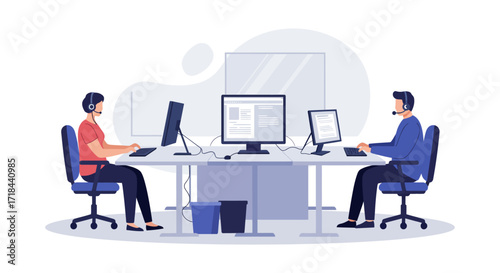 call center operators working at computers providing customer service support in a bright office perfect for illustrating communication and assistance