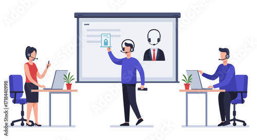Customer service team training online presentation helping clients providing support and improving service quality for business success.