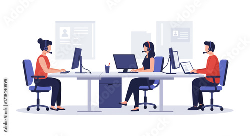 Customer service team working at desks call center agents providing support perfect for illustrating communication assistance and problem-solving skills.