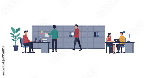 Office workers collaborating working in modern office space with lockers creating visual for workplace productivity and team collaboration suitable for business blog